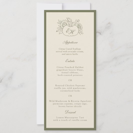 Crème Olijfgroene Monogram Huwelijksmenu Kaart (Voorkant)