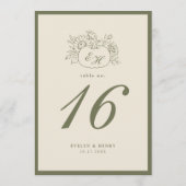 Crème Olijfgroene Monogram Trouwtafel Nummer Kaart (Achterkant)