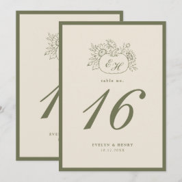 Crème Olijfgroene Monogram Trouwtafel Nummer Kaart