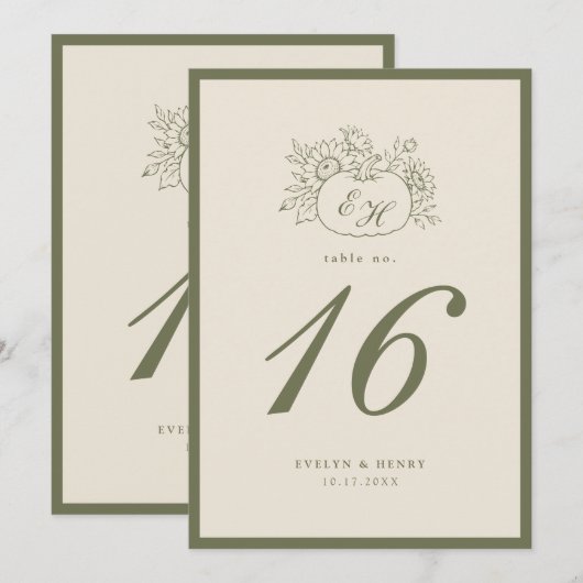 Crème Olijfgroene Monogram Trouwtafel Nummer Kaart (Voorkant / Achterkant)
