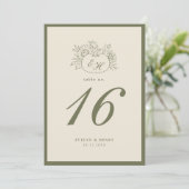 Crème Olijfgroene Monogram Trouwtafel Nummer Kaart (Staand voorkant)