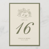 Crème Olijfgroene Monogram Trouwtafel Nummer Kaart (Voorkant)