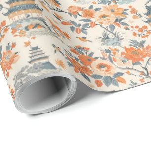 Crème Oranje Bloemige Huis Chinoiserie Cadeaupapier