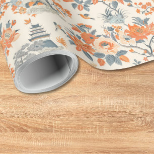 Crème Oranje Bloemige Huis Chinoiserie Cadeaupapier