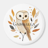 Crème Oranje Uil met bladeren Magneet (Voorkant)