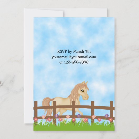 Crème Paard en Bloemen Meisjes Verjaardag Uitnodig Kaart (Achterkant)