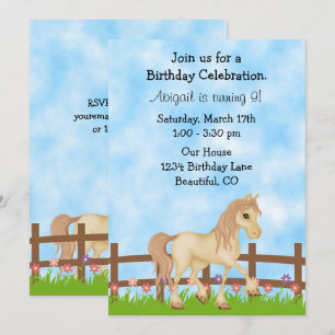 Crème Paard en Bloemen Meisjes Verjaardag Uitnodig Kaart