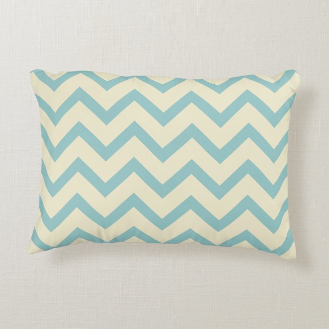 Crème & pastel Blauwgroen Chevron Zigzag Patroon Decoratief Kussen (Achterkant)