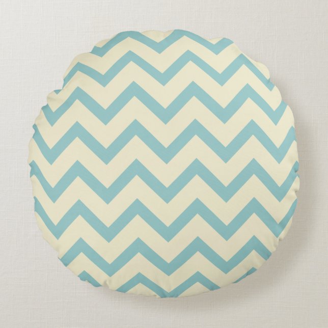 Crème & pastel Blauwgroen Chevron Zigzag Patroon Rond Kussen (Voorkant)