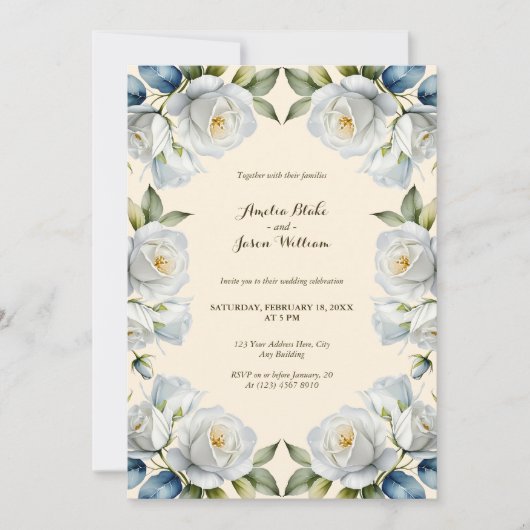 Crème Pastel White Rose Bloemen Border Wedding Kaart (Voorkant)