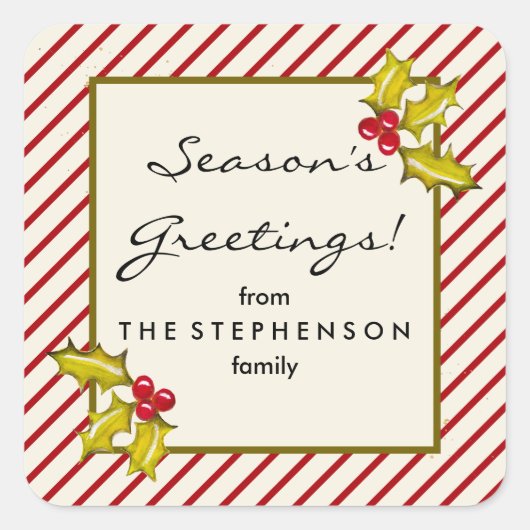 Crème pepermuntstreep Holly Classic Christmas Vierkante Sticker (Voorkant)