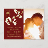 Crème perzik bloesem Chinees bruiloft Save The Dat Aankondigingskaart (Voorkant)