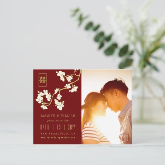Crème perzik bloesem Chinees bruiloft Save The Dat Aankondigingskaart (Staand voorkant)