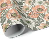 Crème Perzik Klaproos Bloemmotief Cadeaupapier (Rol Hoek)