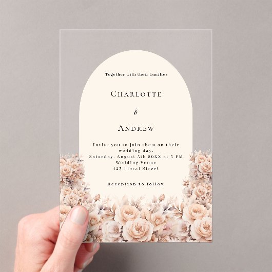 Crème perzik roos gouden bloemen boog trouwen acryl uitnodigingen (Insitu (Draagbaar))