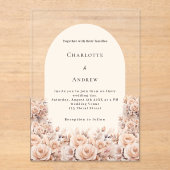 Crème perzik roos gouden bloemen boog trouwen acryl uitnodigingen (Voorkant)