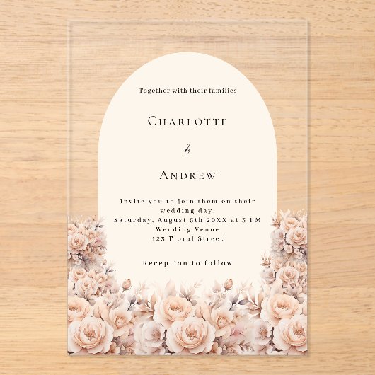 Crème perzik roos gouden bloemen boog trouwen acryl uitnodigingen (Voorkant)