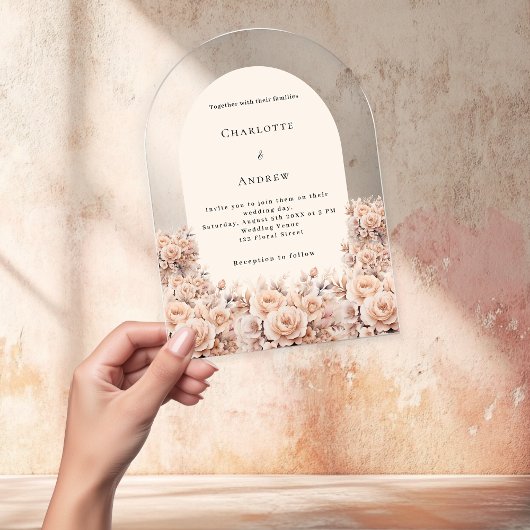 Crème perzik roos gouden bloemen boog trouwen acryl uitnodigingen