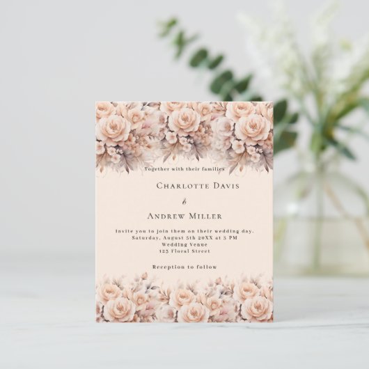 Crème perzik rozen bloemen boho huwelijksuitnodigi (Staand voorkant)