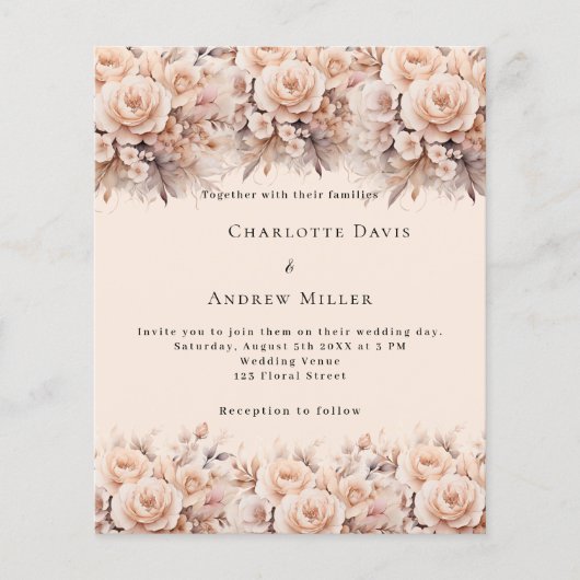 Crème perzik rozen bloemen boho huwelijksuitnodigi (Voorkant)