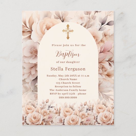 Crème perzik rozen bloemen boog doopuitnodiging (Voorkant)