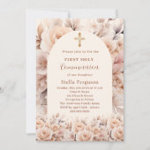 Crème perzik rozen bloemen boog Eerste Communie Kaart (Voorkant)