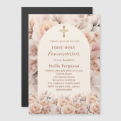 Crème perzik rozen bloemen boog Eerste Communie Magnetische Uitnodiging (Voorkant / Achterkant)