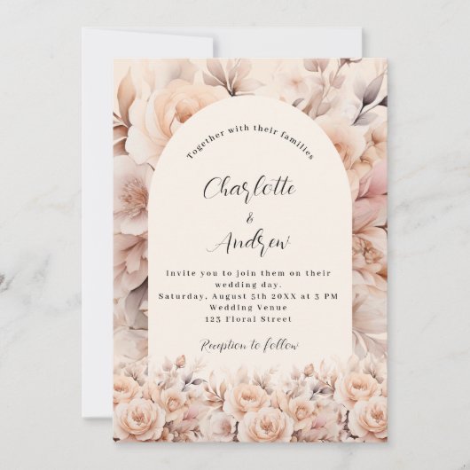 Crème perzik rozen bloemen boog elegante bruiloft kaart (Voorkant)