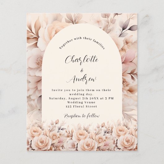 Crème perzik rozen bloemen boog huwelijksuitnodigi (Voorkant)