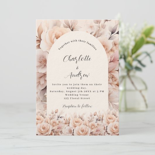 Crème perzik rozen bloemen boog luxe bruiloft kaart (Staand voorkant)