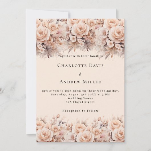 Crème perzik rozen bloemen elegante bruiloft kaart (Voorkant)