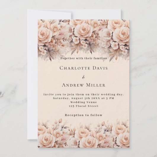 Crème perzik rozen bloemen elegante luxe bruiloft kaart (Voorkant)