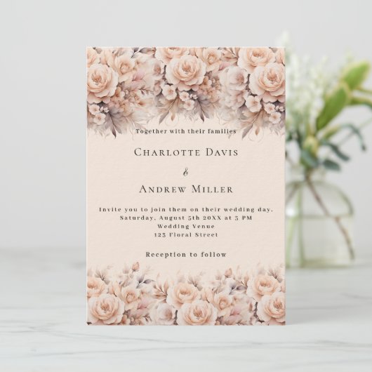 Crème perzik rozen bloemen elegante luxe bruiloft kaart (Staand voorkant)