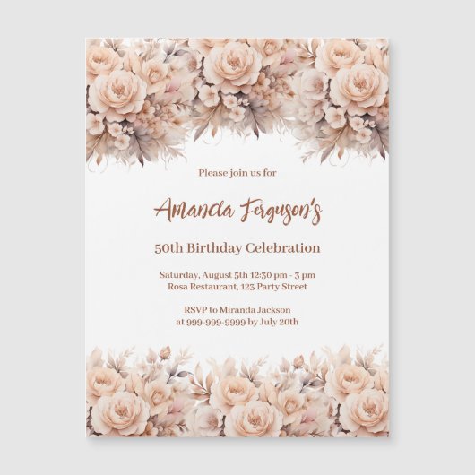 Crème perzik rozen bloemen luxe verjaardag magnetische uitnodiging (Voorkant)
