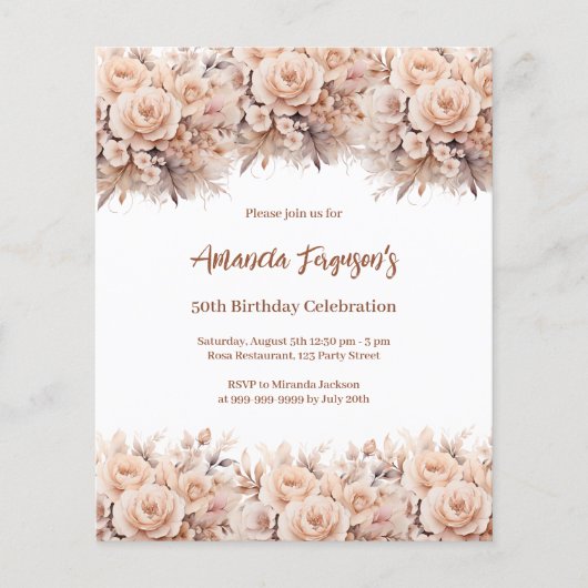 Crème perzik rozen bloemen verjaardagsuitnodiging (Voorkant)