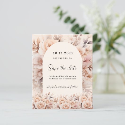 Crème perzik rozen boogbruiloft Save the Date kaar (Staand voorkant)