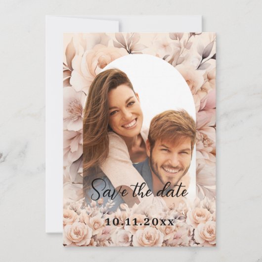 Crème perzik rozen foto boog bruiloft save the date (Voorkant)