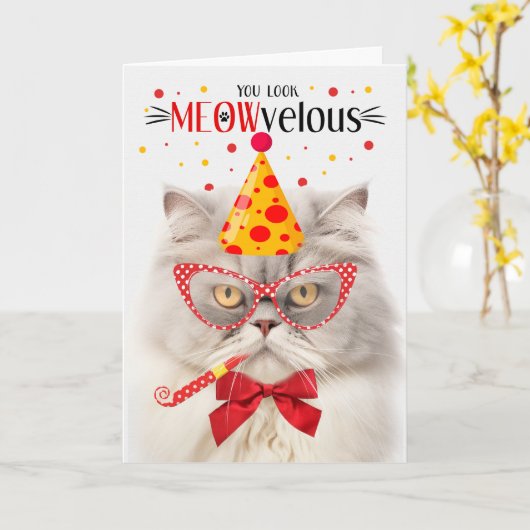 Crème Perzische Kat MEOWvelous Verjaardag Kaart (Gele Bloem)