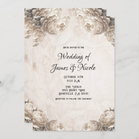 Crème Pioenbloemen rustieke bruiloft Kaart (Voorkant / Achterkant)