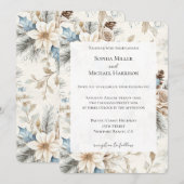 Crème Poinsettia Blauwe Bloemen Huwelijk Kaart (Voorkant / Achterkant)