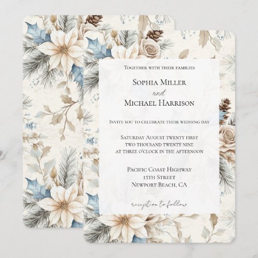 Crème Poinsettia Blauwe Bloemen Huwelijk Kaart (Voorkant / Achterkant)