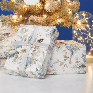 Crème Poinsettia Blauwe Bloemen Kerstmis Cadeaupapier