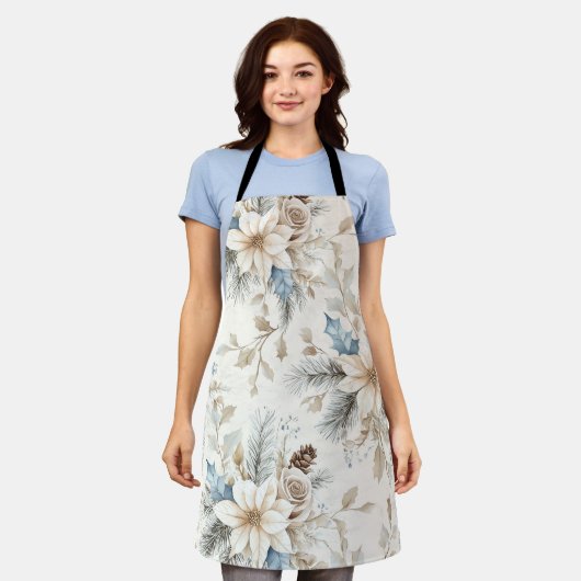Crème Poinsettia Blauwe Bloemen Kerstmis Schort (Gedragen)