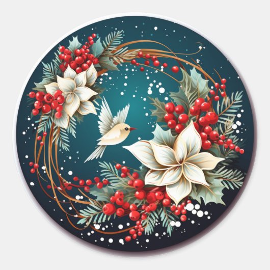 Crème Poinsettia & Winterberry krans Ronde Sticker (Voorkant)
