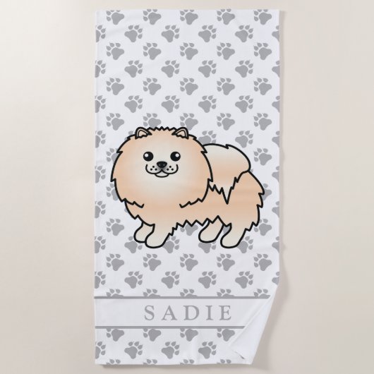 Crème Pomeranian Lieve Cartoon Hond & Naam Strandlaken (Voorkant)