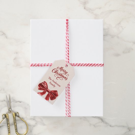 Crème rode boog Kerstmis Cadeaulabel (Met Touw)