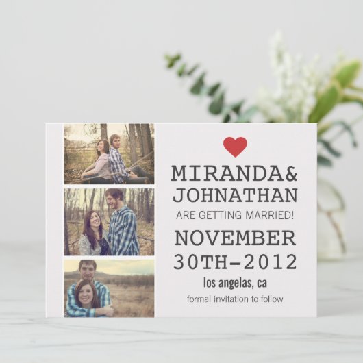 Crème & Rode Foto Strip Save The Date Uitnodiginge Kaart (Staand voorkant)