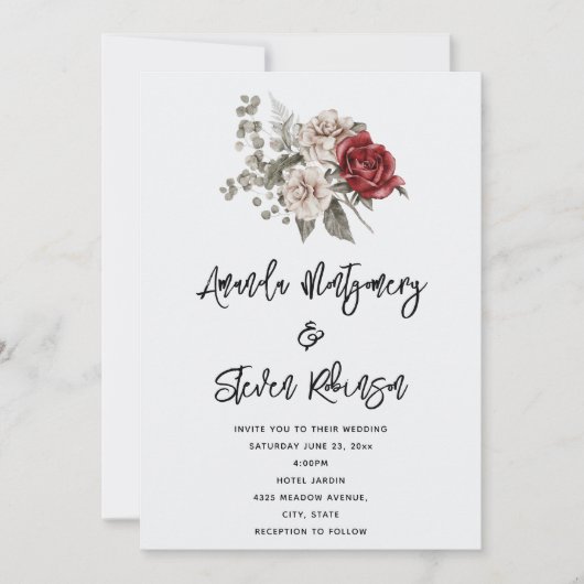 Crème & Rode Roos Boho Bloemenboeket Bruiloft Kaart (Voorkant)