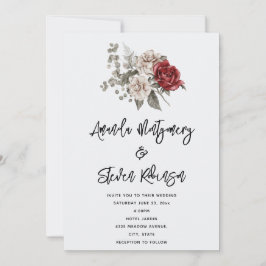 Crème & Rode Roos Boho Bloemenboeket Bruiloft Kaart