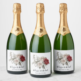 Crème & Rode Rose Boho Bloem Boeket Bruiloft Sparkling Wijnetiket